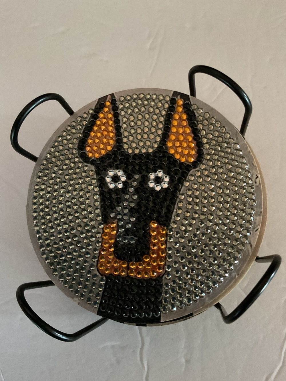 Set of 6 w/ holder Dog Face Coasters in Metallic Silver and Black. Whimsical.